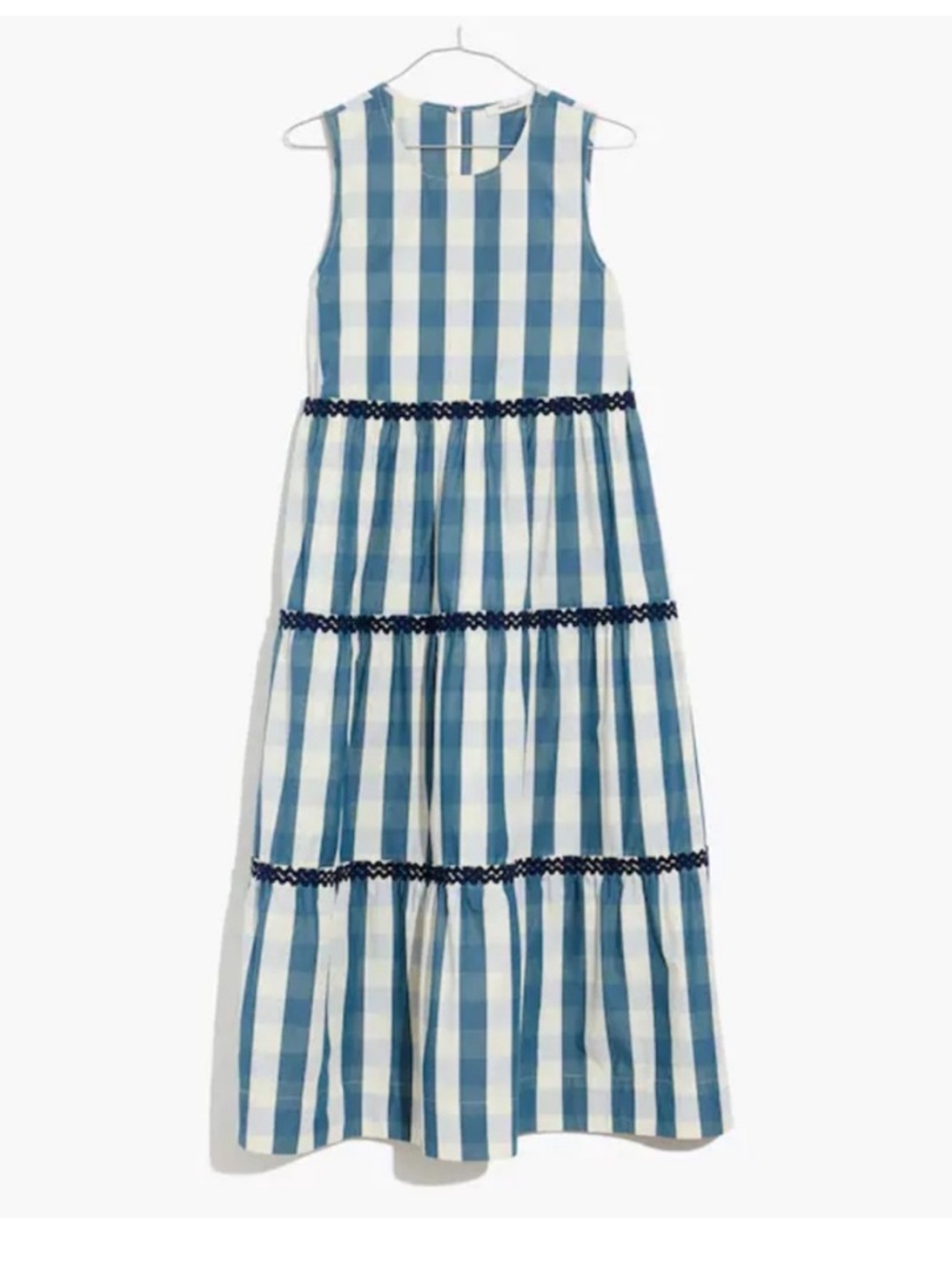 Madewell Blue and White Gingham Tiered Ric Rac Maxi Dress